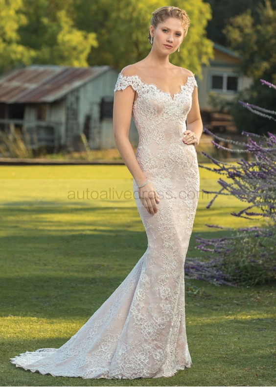 Cap Sleeves Ivory Lace Tulle Wedding Dress With Blush Lining